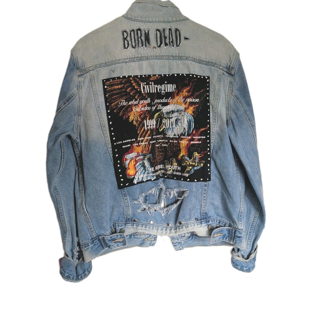 Custom Civil  Regime Punk Denim Jacket Born Dead Sz S  Distress One Of Kind
